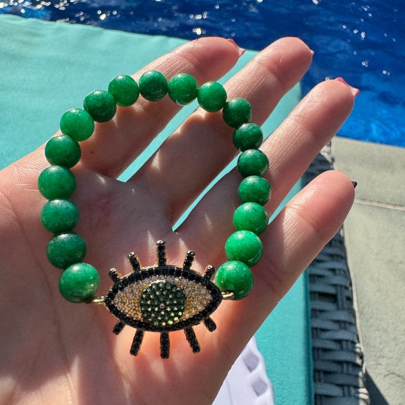 homemade Jewelry - Green Beaded Evil Eye Bracelet